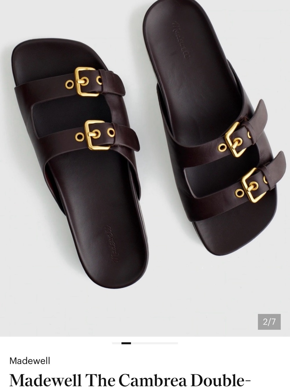Madewell Double-Buckle Slide Sandals in Dark Brown with Gold Buckles